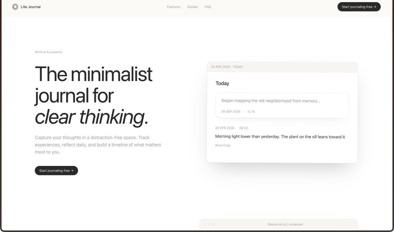 The Lite Journal home page: the line “The minimalist journal for clear thinking” beside a preview of the app itself, showing a day headed Today with two entries under it, each carrying its date and time.
